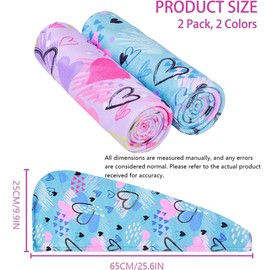 2 Pack Microfiber Hair Drying Towels Quick Dry Anti-frizz Head Turban with Button Wet Hair Towel Wrap Turban for Long Thick & Curly Kids Girls Women,Super Absorbent Soft (Pink & Blue Love)