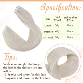 Easyouth Tape in Hair Extensions Human Hair White Blonde Invisible Tape in Extensions Remy Hair Seamless Tape ins Extensions Human Hair 14Inch 20Pcs 40g