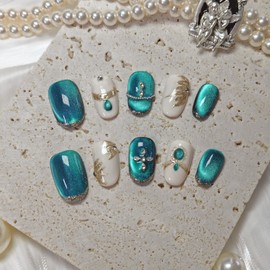 Short/Medium Oval Nails Handmade French Tip Press on Nails with Designs, Cat Eye/Aurora Women Reusable False Nails (Turquoise, Medium)