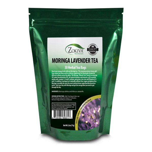 Moringa Lavender Tea Bags 30 Caffeine-Free Herbal Tea Bags in a Zip Lock Pouch
