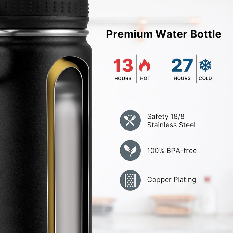 koodee Sports Water Bottle with 3 Lids- 32 oz Stainless