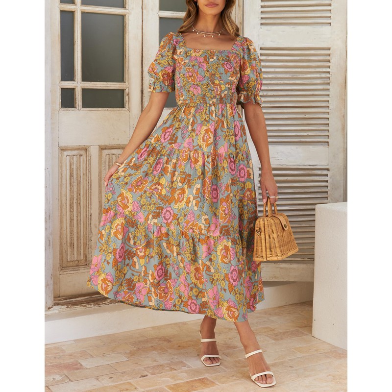 ZESICA Women's 2025 Summer Boho Floral Print Square Neck Ruffle