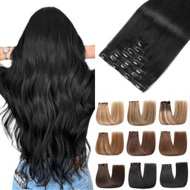 EINbeauty Clip-In Real Hair Extensions, 7 Pieces, Straight Invisible Real Hair Extensions, Deep Black Extensions, 80 g, 35 cm (14 Inches, 1#)