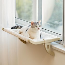 MEWOOFUN Window Sill Mount Cat Perch for Indoor Cats, One-Step Sliding Adjustment Cat Window Hammock with Removable Covers, Suction Cup-Free Cat Bed for Windowsill & Bedside, Large Beige (Hook)
