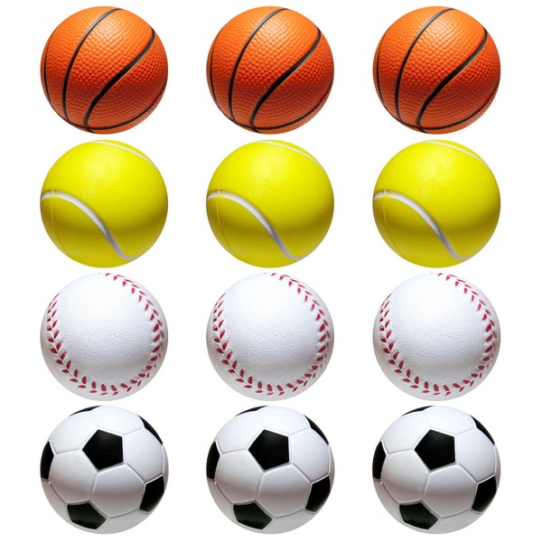 Xiuyer Foam Tennis Balls, 12 x Foam Sports Balls Mini Football Basketball Baseball Sponge Tennis Ball Hi-Bounce Balls for Adults Children