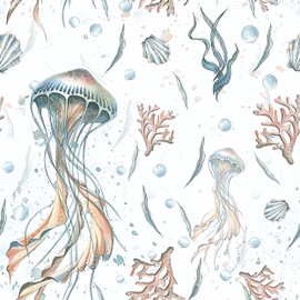 HeloHo Peel and Stick Wallpaper Light Blue Wallpaper for Bedroom Ocean Jellyfish Seaweed Self Adhesive Removable Wallpaper Waterproof Contact Paper for Bathroom Living Room Decor 16.1" X 118"