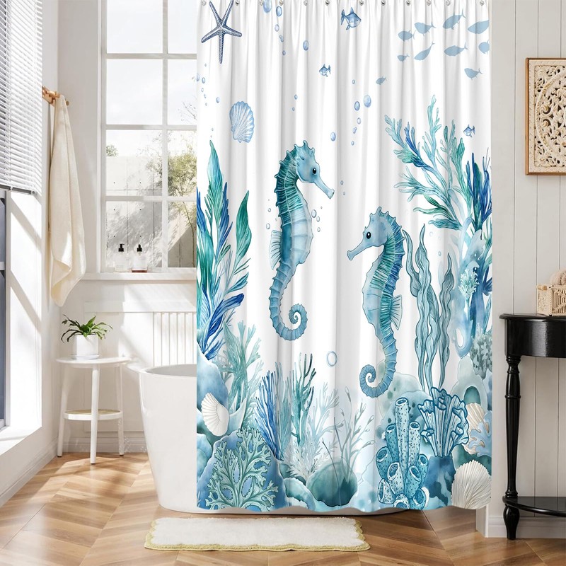 Coastal Seahorse Shower Curtain Nautical Fish Coral Seashell Starfish Beach