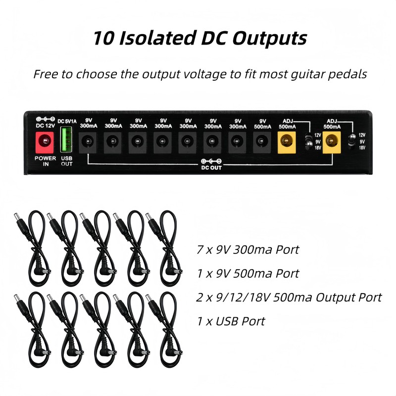 Guitar Pedal Power Supply, 10 Isolated Adjustable DC Output Power