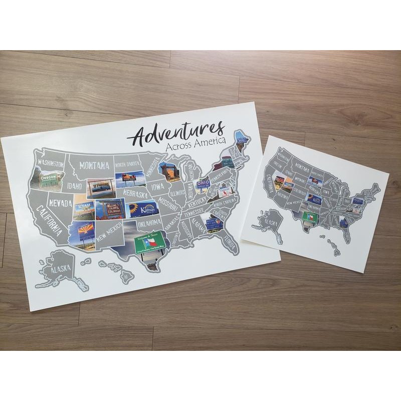 US scratch off map; State Welcome signs, travel poster; Scratch