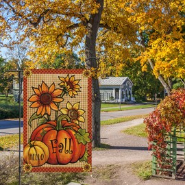 Heyfibro Hello Fall Garden Flag 12 x 18 Inch Vertical Double Sided Burlap, Pumpkin Fall Garden Flags Autunm Sunflower Yard Flag for Seasonal Yard Thanksgiving Farmhouse Decoration(ONLY FLAG)