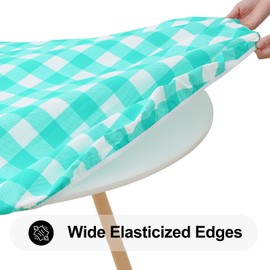 Smiry Round Picnic Table Cloth, Elastic Waterproof Fitted Vinyl Tablecloth for 36"-44" Tables, Flannel Backed Buffalo Plaid Table Covers for Dining, Camping, Outdoor, White and Teal