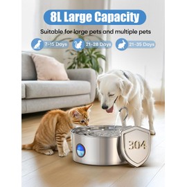 subteenmate Dog Water Fountain for Large Dogs- 8L/270oz Stainless Steel Dog Fountain Dispenser Automatic Pet Water Bowl with Ultra-Quiet Pump/Quadruple Filtration for Large Pups Cats & Multi-Pet