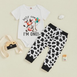 MAHUAOYIXI Infant Baby Boy 1st Birthday Outfits Short Sleeve Letter Print Romper Jumpsuit Bodysuit with Long Pants 2Pcs Sets First Happy Birthday Clothes for Little Boy (White, 12-18 Months)