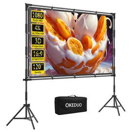 Projector Screen with Stand, OKEDUO 120 inch Portable Indoor Outdoor Projection Screen 16:9 4K HD, Double Sided Wrinkle-Free Light-Weight Movie Screen with Carry Bag for Backyard Movie Night