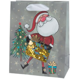 Boston International Gift Bag Christmas Holiday Gifting Paper Bags with Handles, Large, Jolly Santa with Sequins