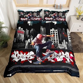 Feelyou Hip Hop Decor Bedding Set Teens Skateboard Street Culture Comforter Cover Set for Kids Teens Extreme Sports Theme Duvet Cover Young Man Bedspread Cover 2Pcs with 1 Pillow Case Twin Size