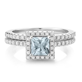Gem Stone King 1.06 Cttw Princess Sky Blue Aquamarine and White Moissanite Wedding Engagement Band Bridal Set Ring For Women | 925 Sterling Silver | Available In Size 5, 6, 7, 8, 9