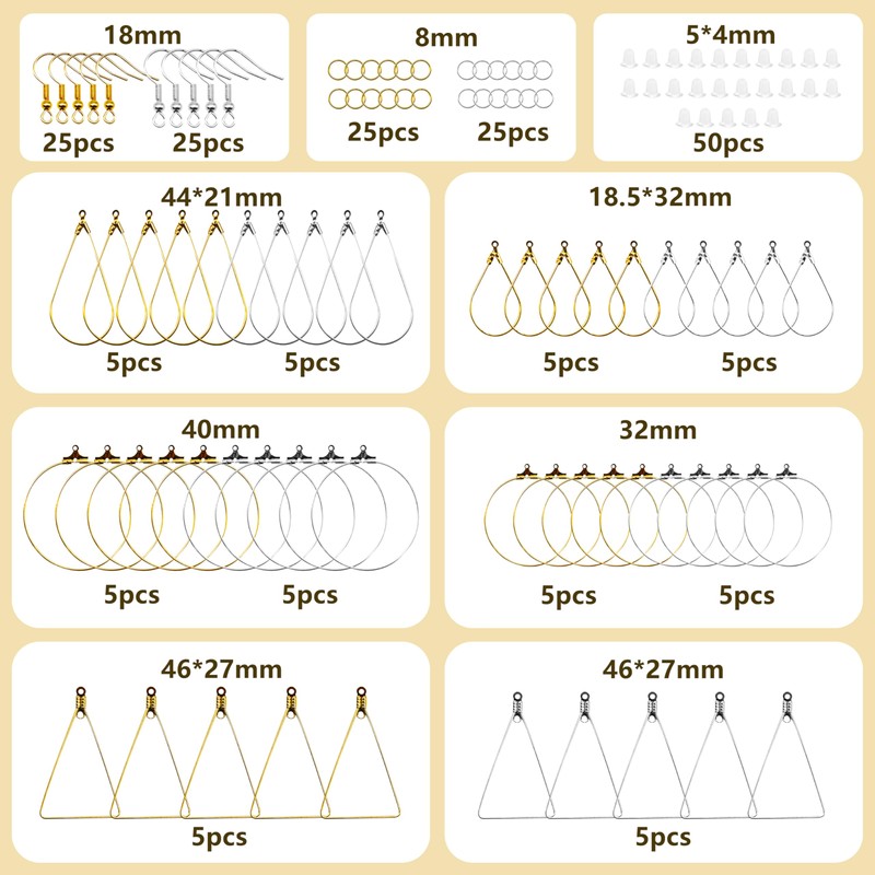Set of 200 Earrings, Triangular and Ear Hooks, Teardrop Shape,