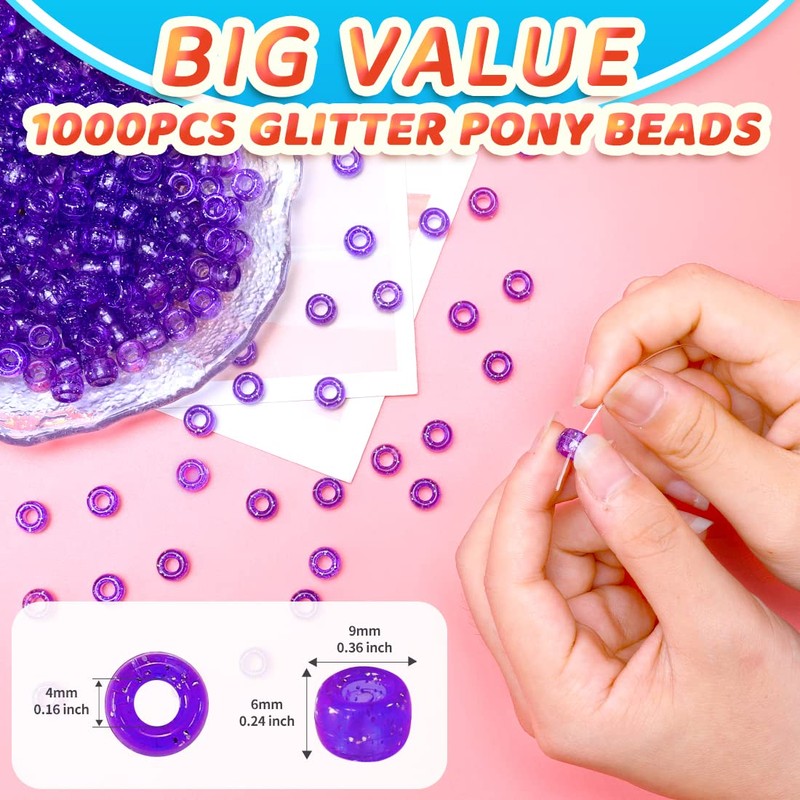 IOOLEEM Iooleem Pony Beads (1000pcs Dark Purple Glitter), Beads for