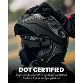 ILM Motorcycle Dual Visor Modular Flip up Full Face Helmet with LED Tail Light and Sun Visor DOT Model 906L(Matte Black,Large)