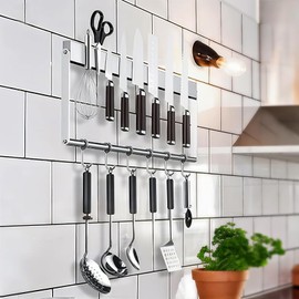 Eikovia 16 Inch Magnetic Knife Holder for Wall,Magnetic Knife Strip,Stainless Steel Knives Holder with 6 Hooks,Kitchen Magnet Holder for Knives,Hanging Spoons,Whisks,Scissors