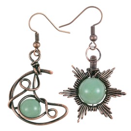 SUNYIK Green Aventurine Sun and Moon Dangle Earrings for Women, Asymmetrical Gothic Bronze Copper Wire Wrapped Drop Earrings for Ladies