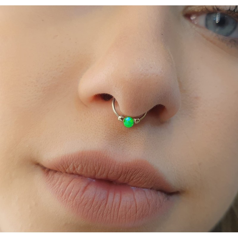 Sterling Silver Fake Septum Ring - Green Opal Faux Septum