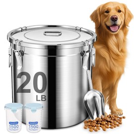 Newget Dog Food Storage Containers, Large Stainless Steel Pet Food Storage Containers 20 lb / 9 kg to Keep Fresh, Metal Airtight Cat Food Containers With Scoop and 2 Small Containers