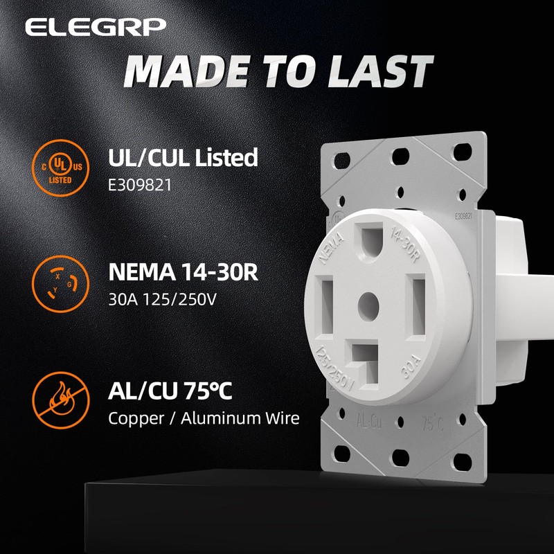 ELEGRP White 30 Amps 125/250V Dryer Outlet, Flush Mounting Power