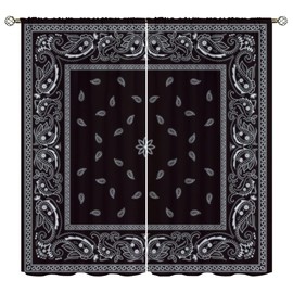 Bandana Blackout Curtains for Home Decor,White Floral Paisley Black Bandana Pattern Abstract Rod Pocket Thermal Insulated Drapes Darkening Window Curtain for Girls Boy Bedroom Living Room 42 x 63 Inch