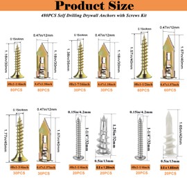 Sunxeke 480 PCS Self Drilling Drywall Anchors Kit with Screws - 4 Sheetrock Anchors & 5 Screw Sizes (2025 Upgraded), No Drill Needed, Zinc Plated Steel and Plastic, Heavy Duty Wall Anchors