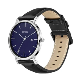 BUREI Men's Watch, Leather, Popular Brand, Analog, Simple, Waterproof, Stylish, Commute, Business, Men's Watch, silver-silver2