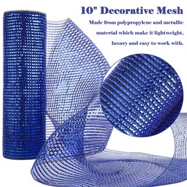 HUIHUANG Navy Blue Deco Mesh 10 inch Rolls Royal Blue Mesh Ribbon for Christmas Tree Metallic Deluxe Foil Wide Mesh for X-mas Tree, Garlands, Staircase, Wreath Supplies, Swags, Large Bows-10 Yards
