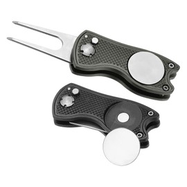 PATIKIL Golf Divot Repair Tool, 2 Pack Foldable Metal Golf Green Divot Tool with Magnetic Ball Marker & Stainless Steel Fork for Golfer, Black/Grey