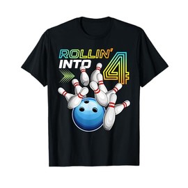 Rollin Into 4 Retro Bowling Birthday Party 4th Birthday T-Shirt
