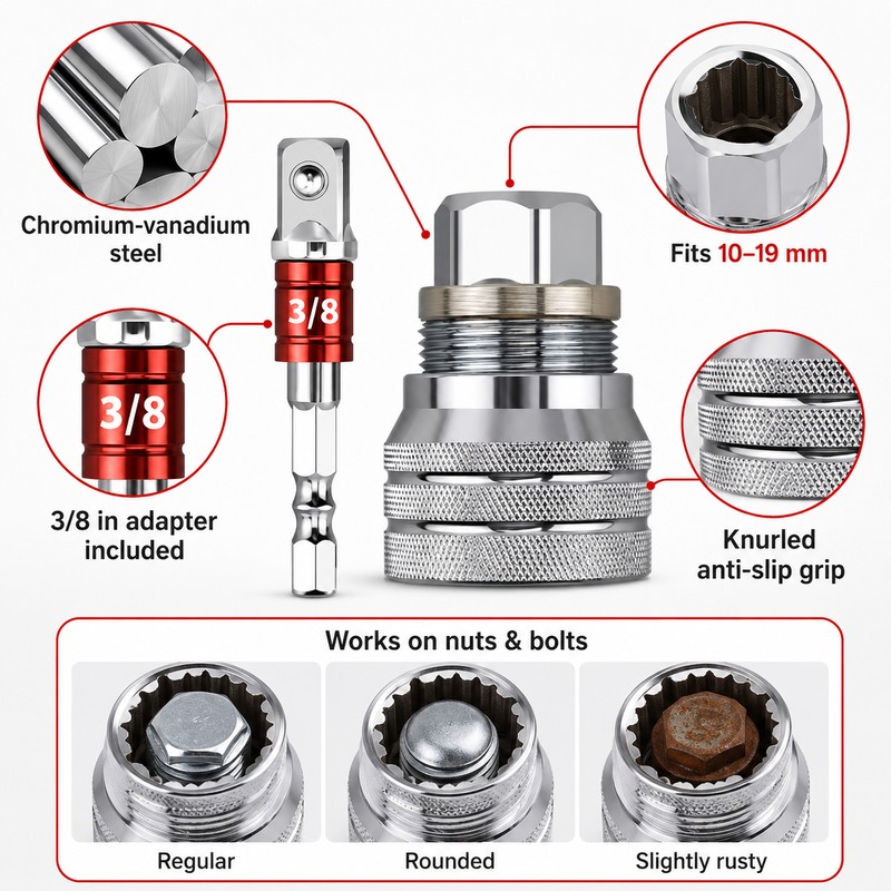 Universal Adjustable Socket Wrench for Repairs – 10–19mm Ratchet Adapter