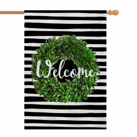 AOYEGO Boxwood Wreath Welcome House Flag 28 x 40 Inch Large Vertical Double Sided Black and White Stripes Background Seasonal Outside Décor for Garden Yard Farmhouse Flags