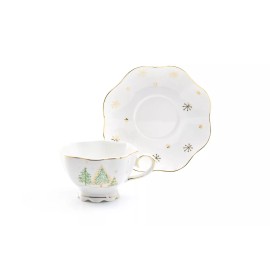Grace's Teaware Grace Teaware Christmas Pine Trees Fine Porcelain Gold Trim Tea Cup and Saucer