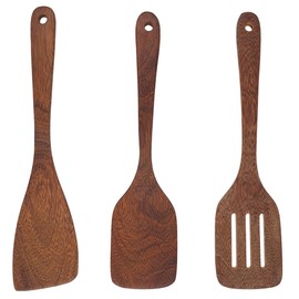 Spatula Wooden Cooking Cutlery Set 3 Pieces, Non-Stick Wood Spatula with Long Handle Made of Solid Wood Hardwood, Kitchen Utensil Wood, Wooden Spatula for Kitchen Restaurant (Brown)