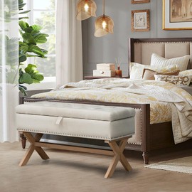 YOPTO Storage Ottoman Bench with Linen Fabric Button Tufted & Nailhead,End of Bed Stool W/High Density Sponge Padded,Solid Wood Frame & Safety Hydraulic Rod,for Entryway,Living Room,Bedroom,Beige