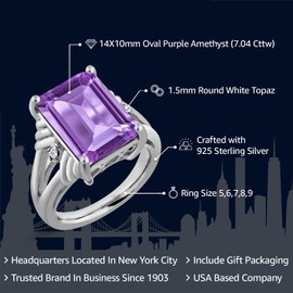 Gem Stone King 925 Sterling Silver Purple Amethyst and White Topaz Engagement Ring For Women (7.04 Cttw, Gemstone February Birthstone, Emerald Cut 14X10MM, Size 7)