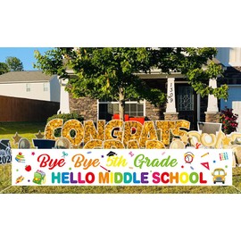 Aisosiks 5TH Grade Graduation Outdoor Garden Yard Banner Sign, Bye Bye 5TH Grade Hello Middle School, White, Polyester, 118'' x 19.6''