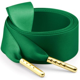 WEGOODZF Ribbon Satin Sneakers Shoelaces: 2 Pair 22mm Wide 47 inch Green + Gold Metal Tips Flat Silk Shoe Laces