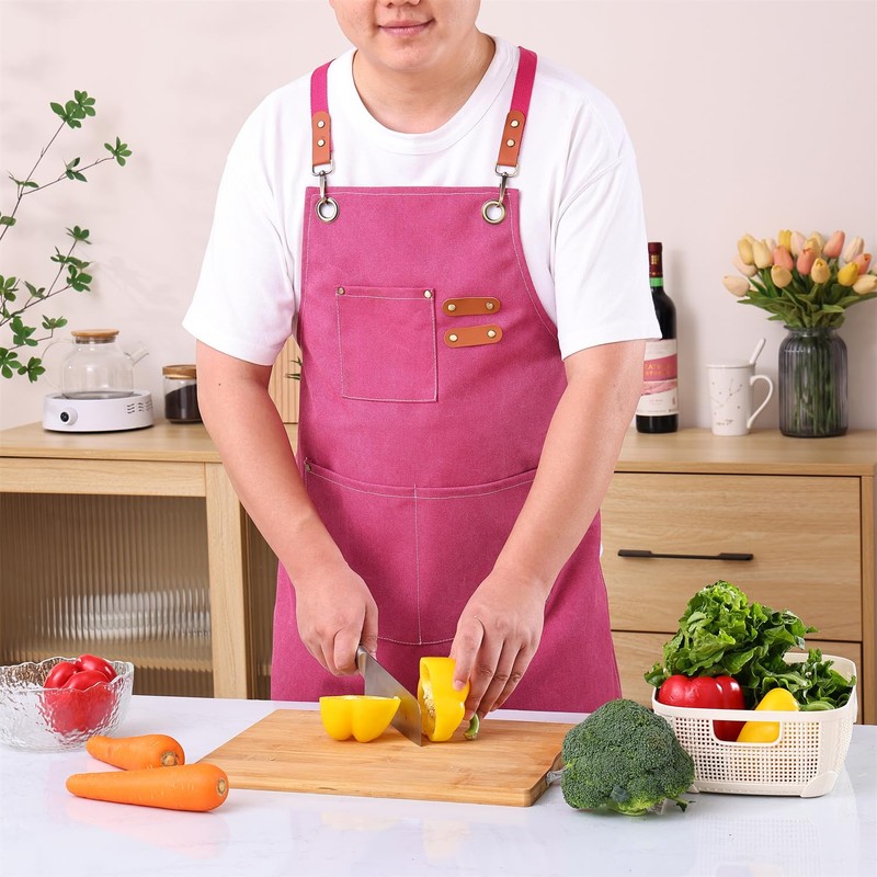 DEVECHO Chef Apron Medium-Thick Cotton Canvas,Cross Back with Multiple Pockets