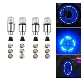 JORCEDI 4 Pcs LED Bike Wheel Light Tyre Tire Valve Caps Neon Light for Car Motorcycle Bicycle ,Blue Wheel Tyre Valve Dust Stems Cap, Safety, Waterproof, Motion Activated ,Spoke Flash Lights