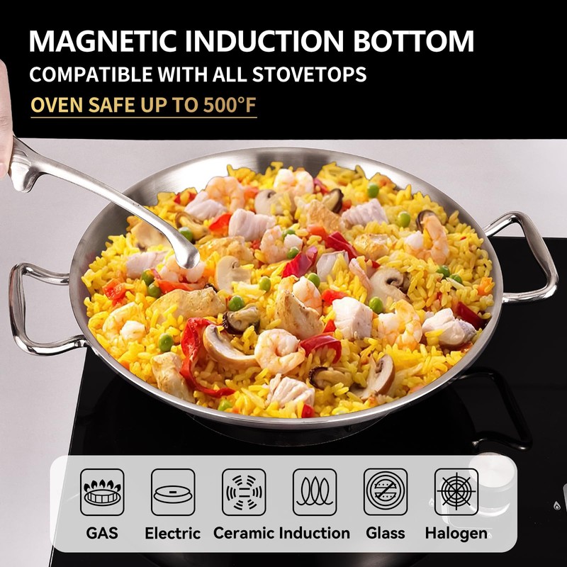 LOLYKITCH 13 Inch Tri-ply Stainless Steel Paella Pan with Lid,Griddle,Large