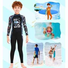 Full Body Kids Swimsuit One Piece Rash Guard Long Sleeve Wetsuit Skin for Girls Boys Children, Sunsuit Swimwear UPF 50+ UV Sun Protection Quick Dry for Beach Water Sports (Boy Black, L)