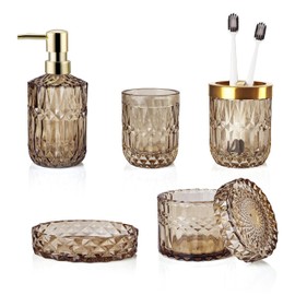 LaMarriti Brown Bathroom Accessories Set, Glass Bathroom Accessories, Hand Soap Dispenser, Soap Dish, Toothbrush Holder Set, Vintage Bathroom Decor