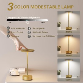 ZTFLOS Cordless LED Table Lamp,Portable Rechargeable USB-C Battery Operated Table Lights IP54 Waterproof 3 Levels Brightness Light with Memory Function,for Terrace, Western Restaurant, Cafe(Gold)