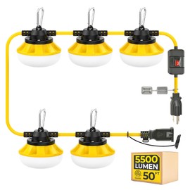 HYANGLUX 3 Prong Outdoor LED String Lights with Switch: 50FT 50W 5500lm ETL Certified Bright Temporary Lighting Hanging IP65 Waterproof Construction Work Light for Attic Jobsite Garage